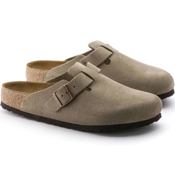 BIRKENSTOCK Boston Soft Footbed Suede Leather Taupe Clogs