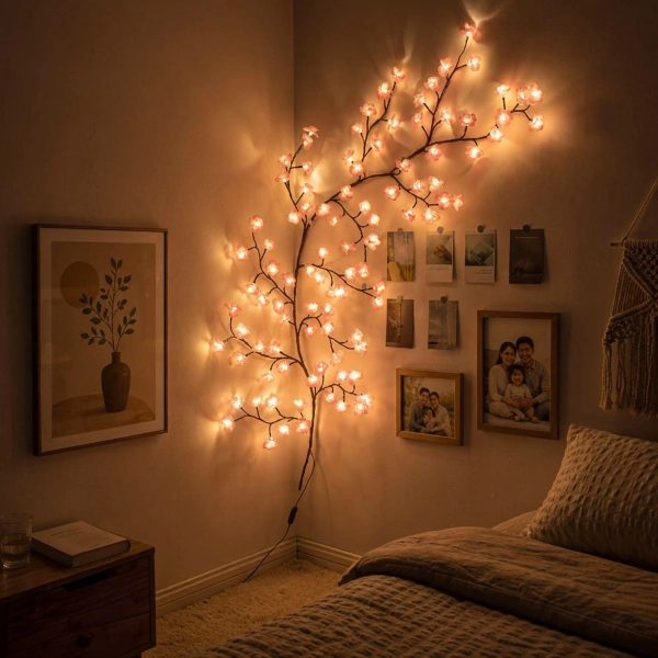 Pink Cherry Blossom Vine Lights | LED Willow Branch Wall Decor | Celestial Fairy String Lamp | Romantic Bedroom Decor | 8 Mode USB Lighting