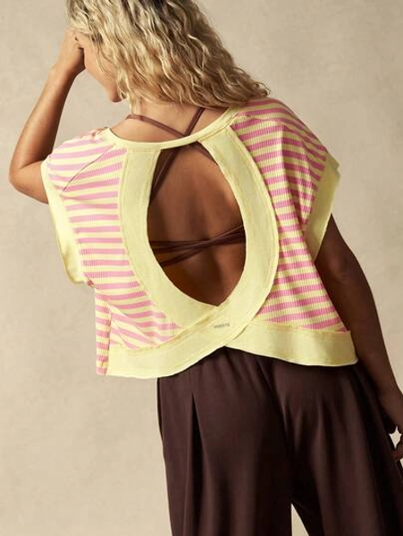 VARSIVA Contrast Color Block Striped Print Hollow Back Sports T-Shirt - Size S