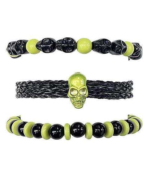 Multi-Pack Green and Black Beaded Skull Bracelets - 3 Pack