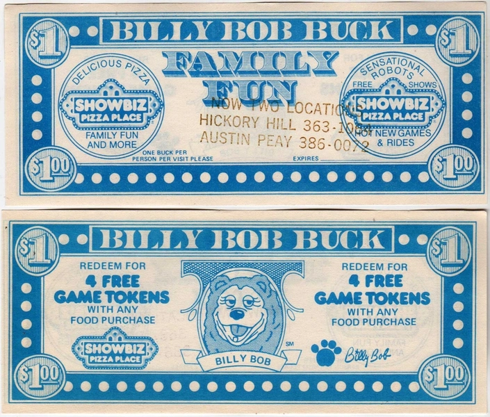 Showbiz Pizza Place: Memphis, Tennessee: Billy Bob Buck: Good For 4 Game Tokens