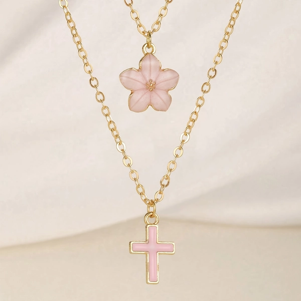 2 - piece Set of Cute Cross and Flower Pendant Necklaces. Stylish, Delicate and Trendy Accessories for Besties/Friends. Perfect for Festival Parties, Music Festivals and Birthday Gifts., for Teenager