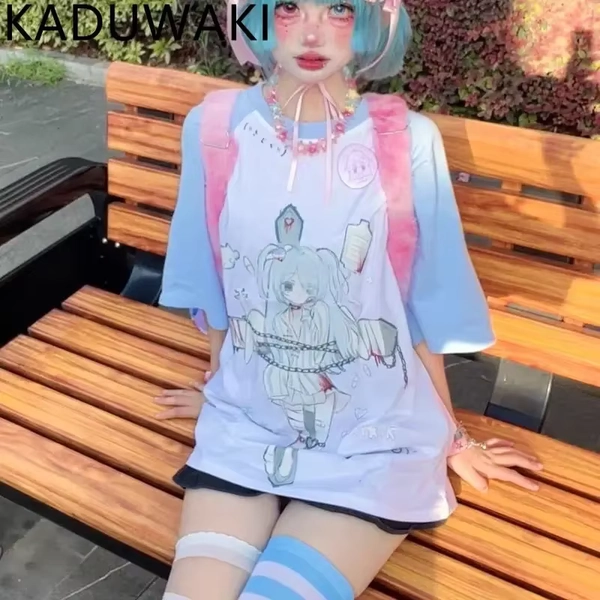Japanese Sweet Cool Splicing Short Sleeved T-shirt Women's Summer New Loose Student Top Versatile Casual Kawaii Cartoon Tee - AliExpress 200000345