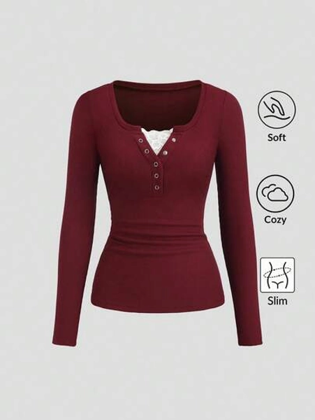 SHEIN PETITE Women's Lace Trim Mock Neck Long Sleeve Solid Color T-Shirt, Autumn