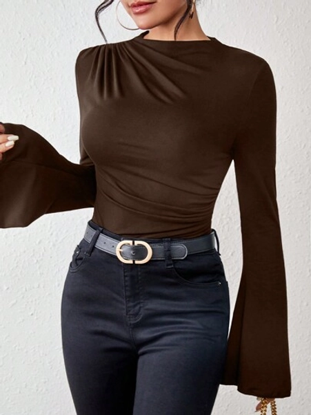 Chiquease Solid Ruched Front Flare Sleeve Tee Fall Cloth For Women