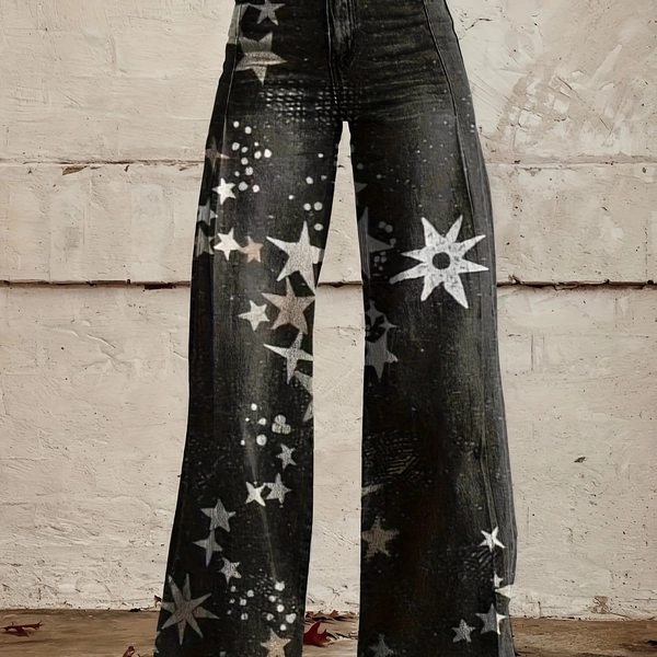 Women'S Fashionable Loose And Comfortable Plus Size Jeans, Casual Multifunctional Denim Pants, Retro Bohemian Floralt Design Denim, Women'S Black Jeans With Star Print Casual Wide Leg Pants 3D Printed Retro Women'S Clothing And Denim Jeans