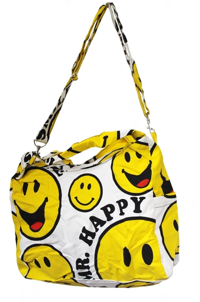 LARGE white, black yellow handbag with SMILEY, 52 cm,retro, seventies, boho, new