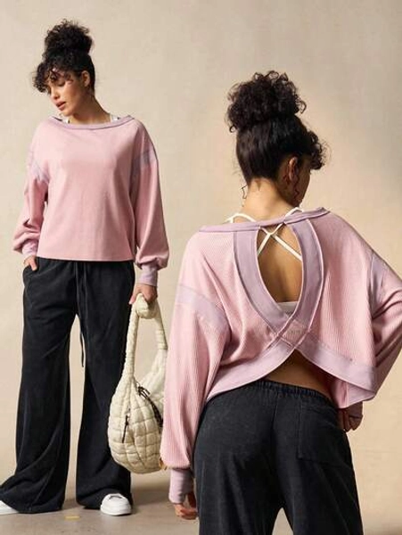 VARSITIE Workout Women Tops Contrast Color Splice Hollow Back Long Sleeve Sports T-Shirt