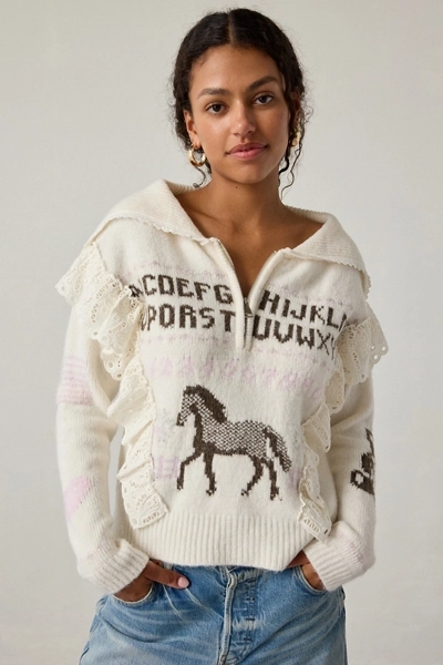 Urban Outfitters Kimchi Blue Paloma Lace Trim Quarter Zip Pullover Sweater