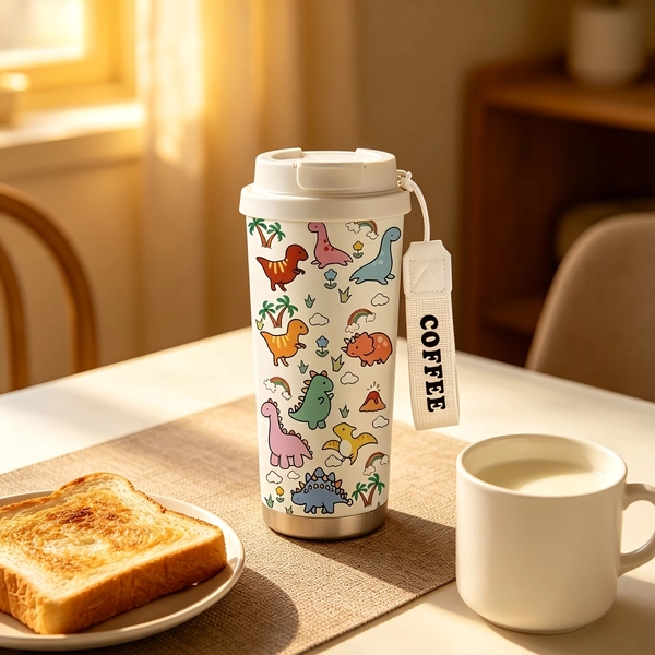 [Cute Dinosaur Thermal Cup] Colorful Dinosaur Insulated Tumbler 530ml | Double-Wall Stainless Steel, Spill-Proof Lid & Carry Strap, Cute Q-Version Dinosaur Pattern, Pastel Colors for Coffee, Tea, Gym, Travel, Office, Easter/Valentine's/Thanksgiving Gifts