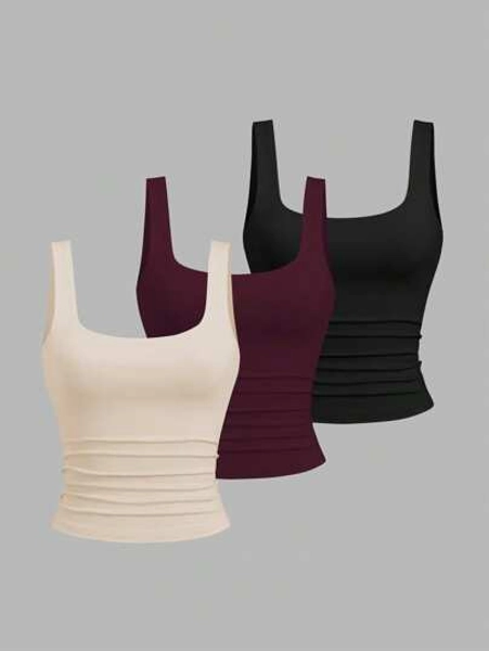 Sweetra Women Casual Short Square Neck Pleated Camisole, Summer