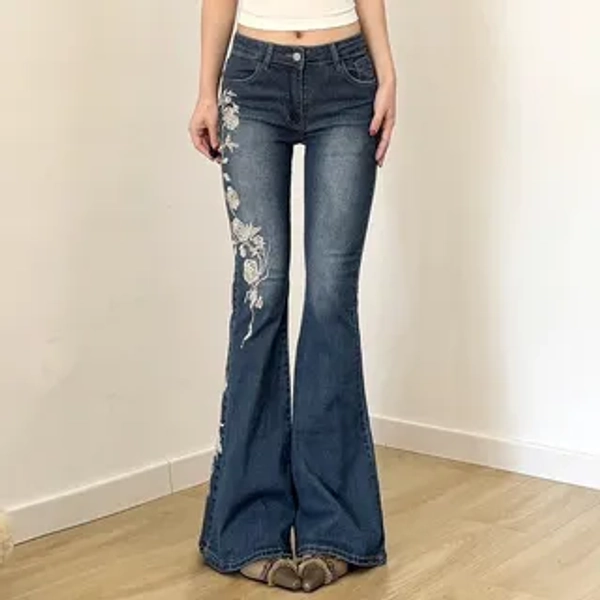 Mid Waist Flower Embroidered Flared Jeans