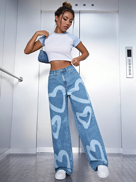 Heart Print Wide Leg Jeans