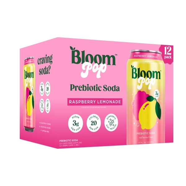 Bloom Pop Prebiotic Soda, Raspberry Lemonade, 12 fl oz, 12 Pack