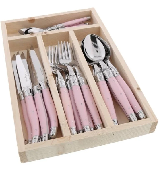 jean dubost 24 pieces pink handle stainless steel cutlery set in wooden tray