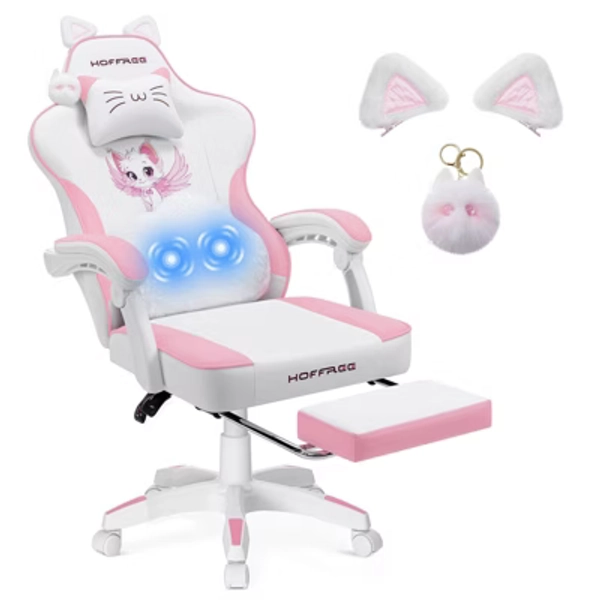 Hoffree Cute Pink Gaming Chair Girls Ergonomic Desk Chair with Footrest & Massage Lumbar, Pink