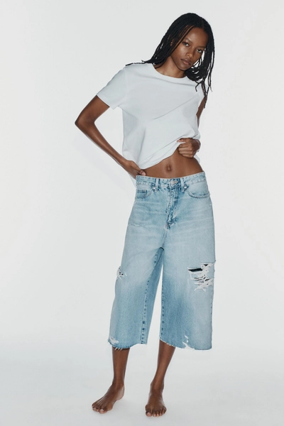 SHORT BAGGY JORTS EN DENIM TRF TAILLE MOYENNE DÉCHIRÉ - Bleu clair - 32