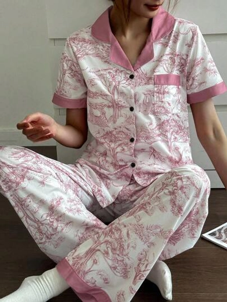 SHEIN Chinese Style Animal & Plant Print Contrast Color Patchwork Lapel Short Sleeve Pajama Set Silk Pajama Set Women Pajama Set Pink Pajama Set Printed Pajama Set Animal Print Pajama Set