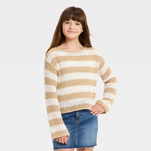 Girls' Striped Open Knit Sweater - art class™ Off-White S