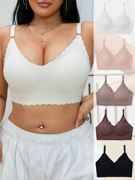 NudeFit 5pcs/Set Plus Size Comfortable Wireless Bra With Removable Pads And Wave Trim, Multi-Color