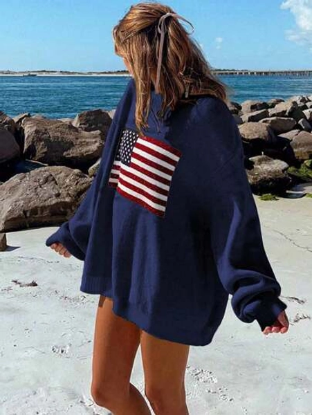 SoleilVie Flag Pattern Drop Shoulder Long Sleeve Sweater,Long Sleeve Tops Knit Pullover Fall Winter Outfit