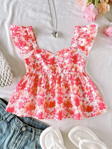 SHEIN Tween Girls' Casual Simple Square Neck Floral Print Shirt