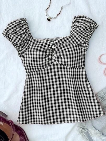 SHEIN Tween Girl Casual Minimalist Comfortable Plaid Back Strap Shirt Blouses For Girls Girls Babydoll Top Girls Checkered Top Shirts For Tween Girls Black And White