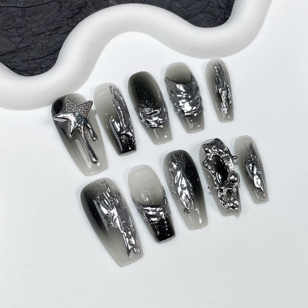 10Pcs Gradient Black Fake Nails Metal Irregular Design Press On Nails Medium Coffin Handmade Wearable Full Cover Nail Tips Art