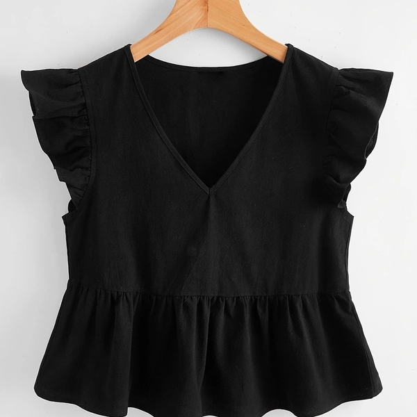 Pleated Butterfly Sleeve - Ruffle Top - Women's Vacation Style in Black