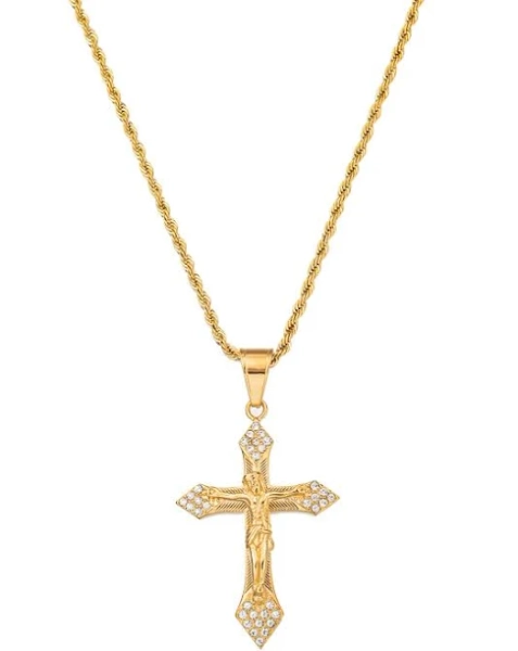 Eye Candy Los Angeles Men's Gold Titanium CZ Crystal Jesus Christ Crucifix Cross Pendant Necklace