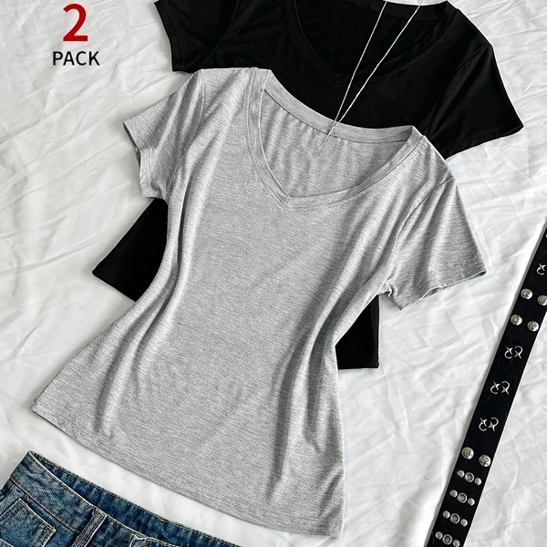 Two-Piece Women'S Summer V-Neck Slim-Fit T-Shirt, Punk Subculture Anime Solid Color Basic V-Neck Short-Sleeved Slim T-Shirt