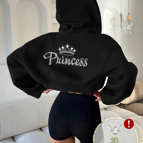 Hot Style European And American Casual Fashion Short Style Zipper Hooded Sweatshirt with Diamond Crown Letter Pattern