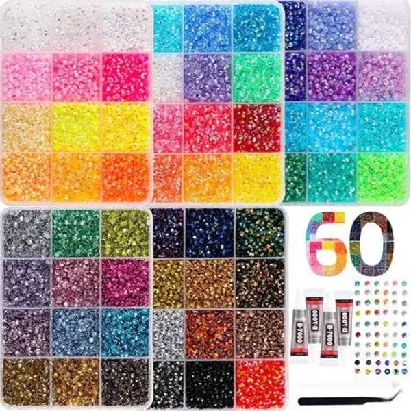 45000pcs Bedazzling Kit for 60 Colors Rhinestones with 5 Box Diamond Art, 3mm Flatback Gems with 410ml B7000 Jewelry Glue Tweezers & Pickup Pen,