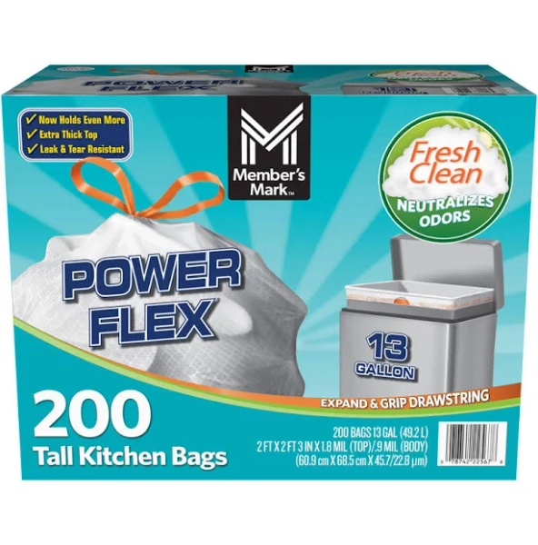 Member's Mark Power Flex Tall Kitchen Drawstring Trash Bags