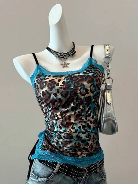 SHEIN EZwear Summer Country Concert Leopard Print Cami Top With Blue Lace Trim
