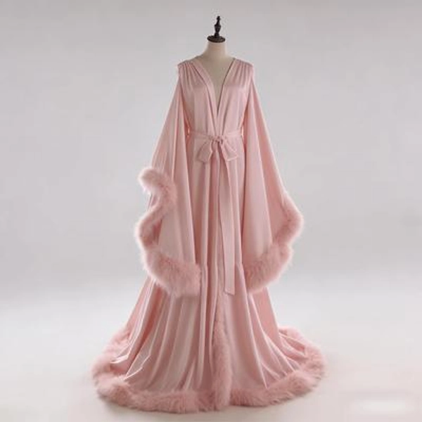Feather Trim Satin Bridal Robe: Old Hollywood V-Neck Lounge Gown