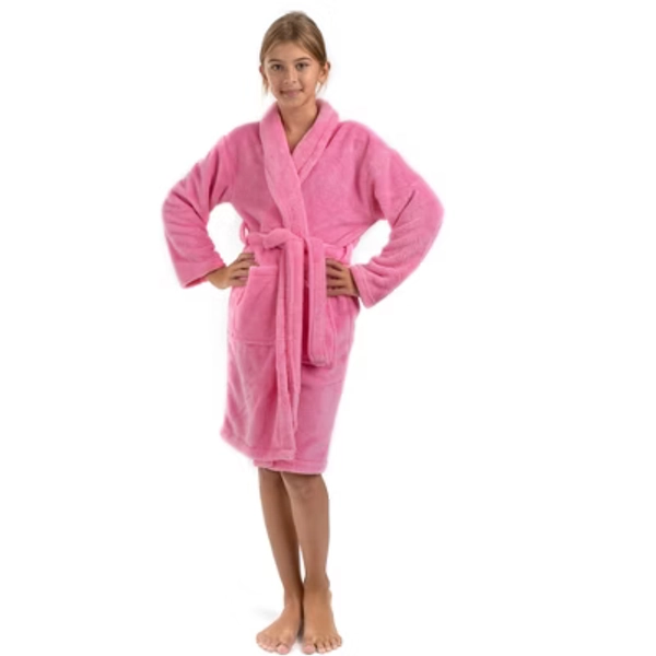 BC BARE COTTON Girls Shawl Robe Microfiber Plush Fleece Bathrobe - Pink - Large (9-12 Years)
