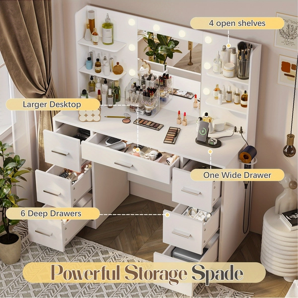 USB Socket and 3-Color Adjustable Light - Large Storage Vanity, 7 Drawers, Side Hair Dryer Holder, Bedroom Mirror