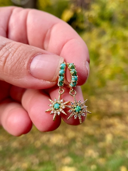 turquoise huggies, turquoise star earrings, bridesmaid earring, gift for her, sterling silver, gold hoops, holiday, earrings under 50,
