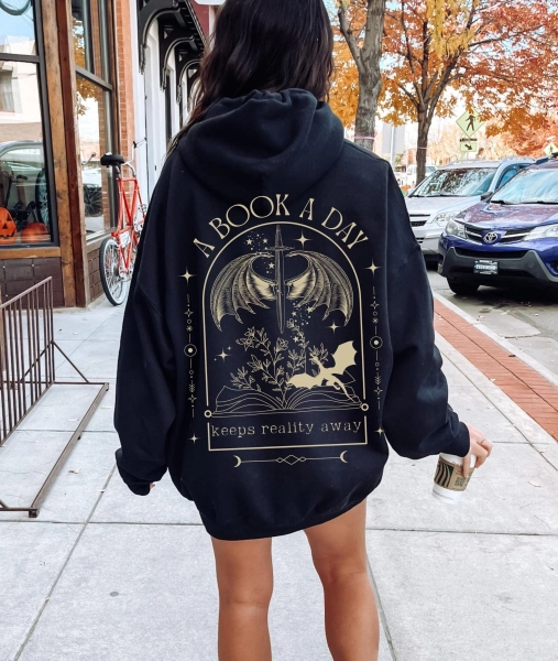A Book a Day Dragon Hoodie, Bookish Sweatshirt, Book Club Hoodie, Fantasy Book Merch, Gift for Reader, Fantasy Book Lover, Front Back Hoodie