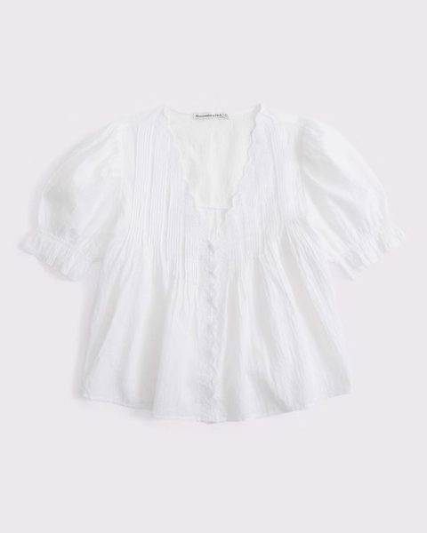 100% Cotton Pintuck Puff-Sleeve Blouse