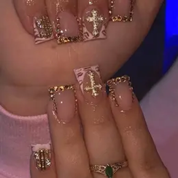 10 Pcs Leopard Print Duck Foot Nails, Shiny French Cross Nail Art Decorations, Stylish Accessories for Women