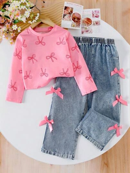Girls' Casual Cute Round Neck Raglan Sleeve Loose Cropped Butterfly Print T-Shirt And Elastic Waist Straight Loose Jeans Pants With 3D Bow Design, Back To School Outfit, All Season Fall Winter