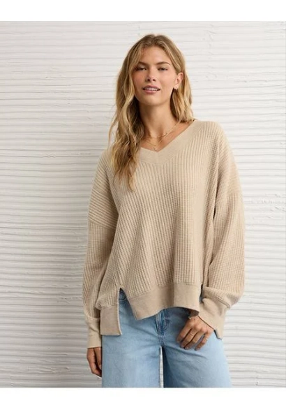 AE Big Hug V-Neck Waffle Sweatshirt
