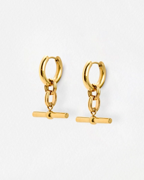 Aretha Gold Tone Waterproof T-Bar Drop Hoop Earrings