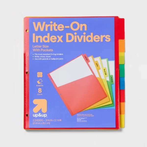 8ct Write-On Index Dividers with Pockets - up&up™: Multicolor 3-Hole Punched Binder Accessories