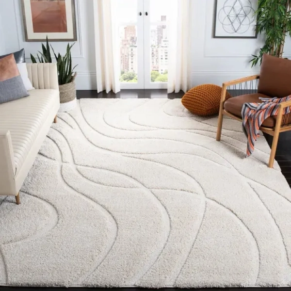 SAFAVIEH Florida Shag Sigtraud Abstract Waves 1.2-inch Thick Rug - 8' x 10' - Creme - Rectangle