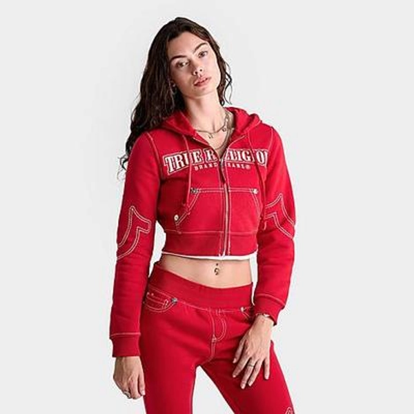 True Religion Women's Shrunken Big T Full-Zip Cropped Hoodie in Scarlet Size: XL
