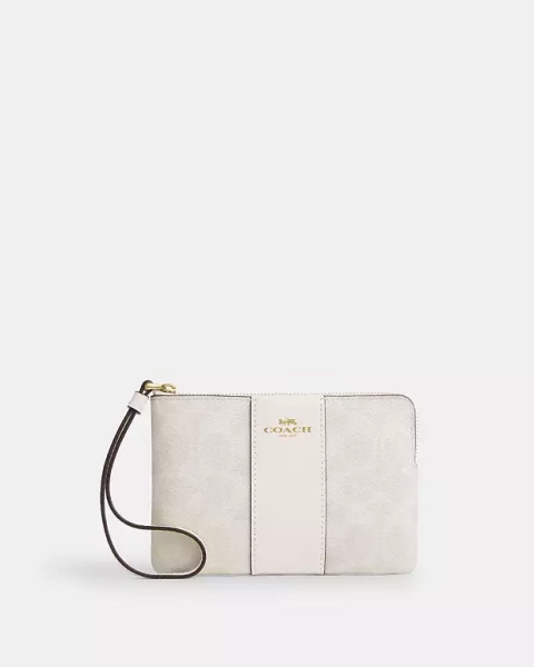 Gold/White/Chalk Corner Zip Wristlet In Signature Canvas With Stripe