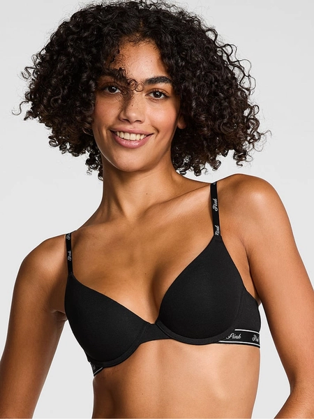 Black Push Up Cotton Blend Logo Bra